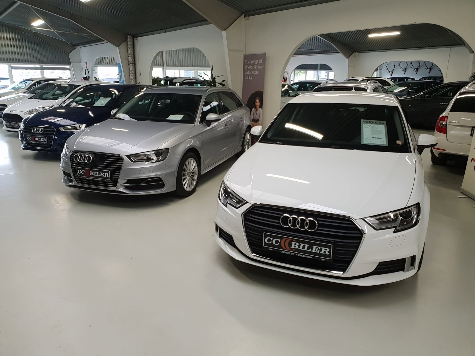 Audi og andre brugte premium-biler i CC Bilers indendørs showroom